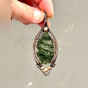 HAND CRAFTED Moss Agate Wire Wrapped Copper Pendant Necklace, Handmade Jewelry